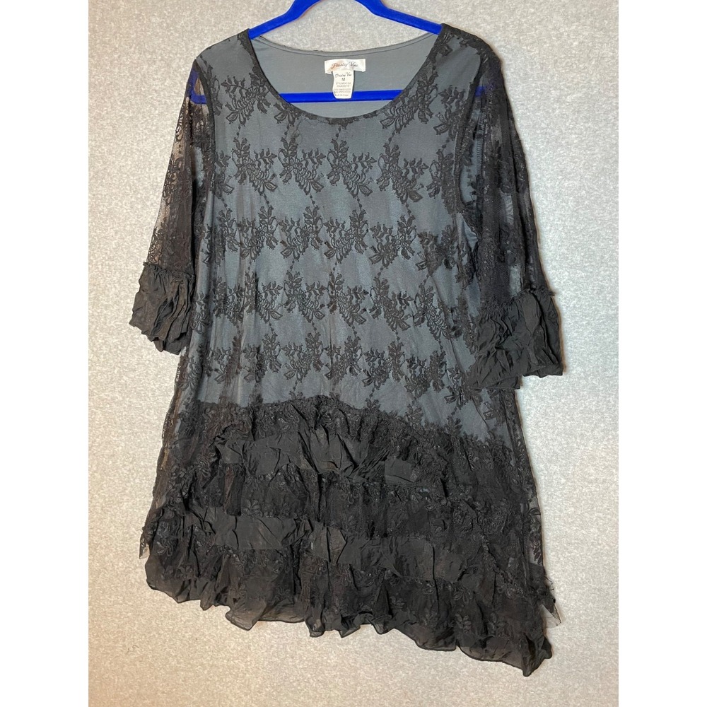 Paisley Vine Tunic Dress Womens Medium Black Lace Tiered Ruffle Goth Floral‎